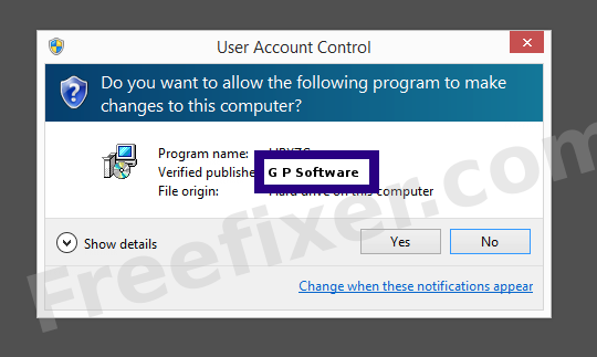 Screenshot where G P Software appears as the verified publisher in the UAC dialog
